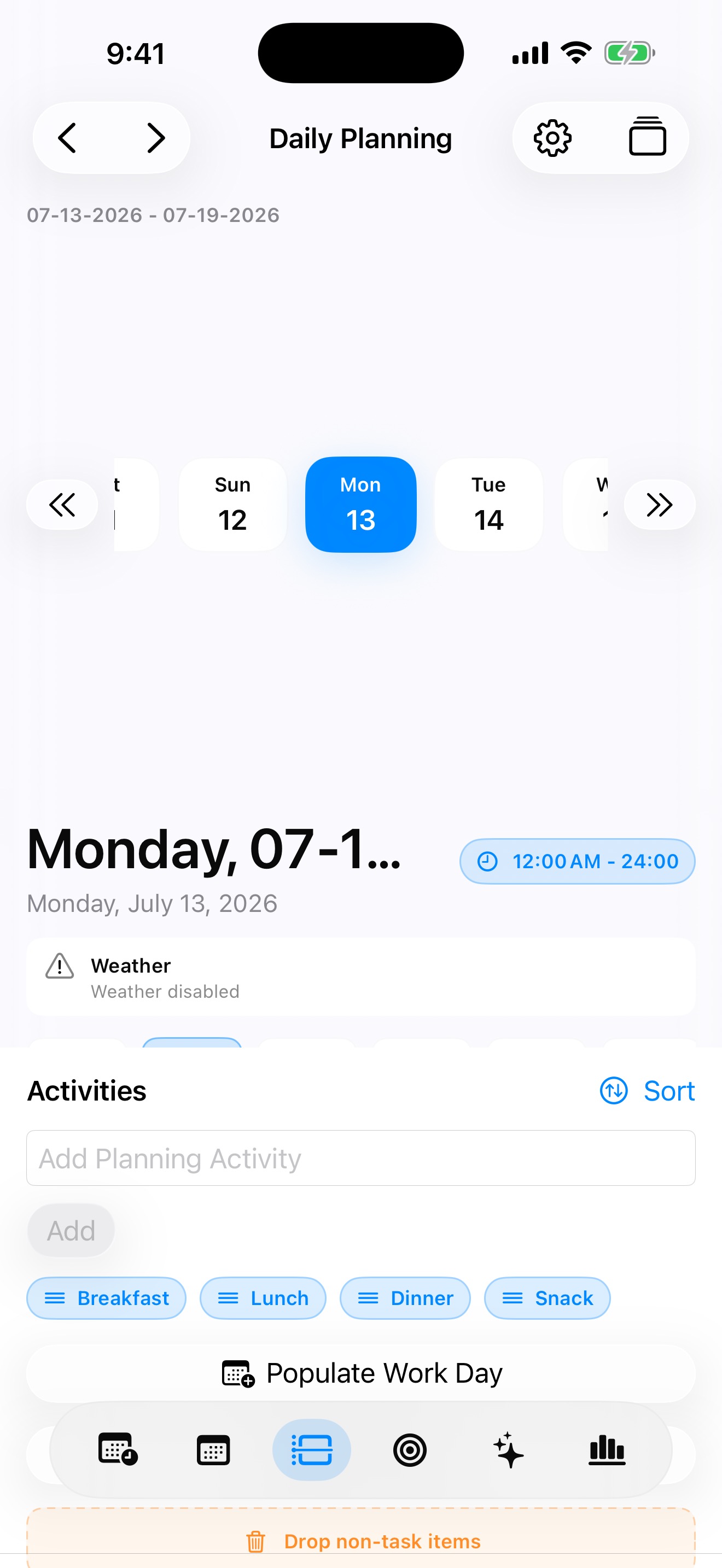 myDailyTasks Daily Planning timeline on iPhone.