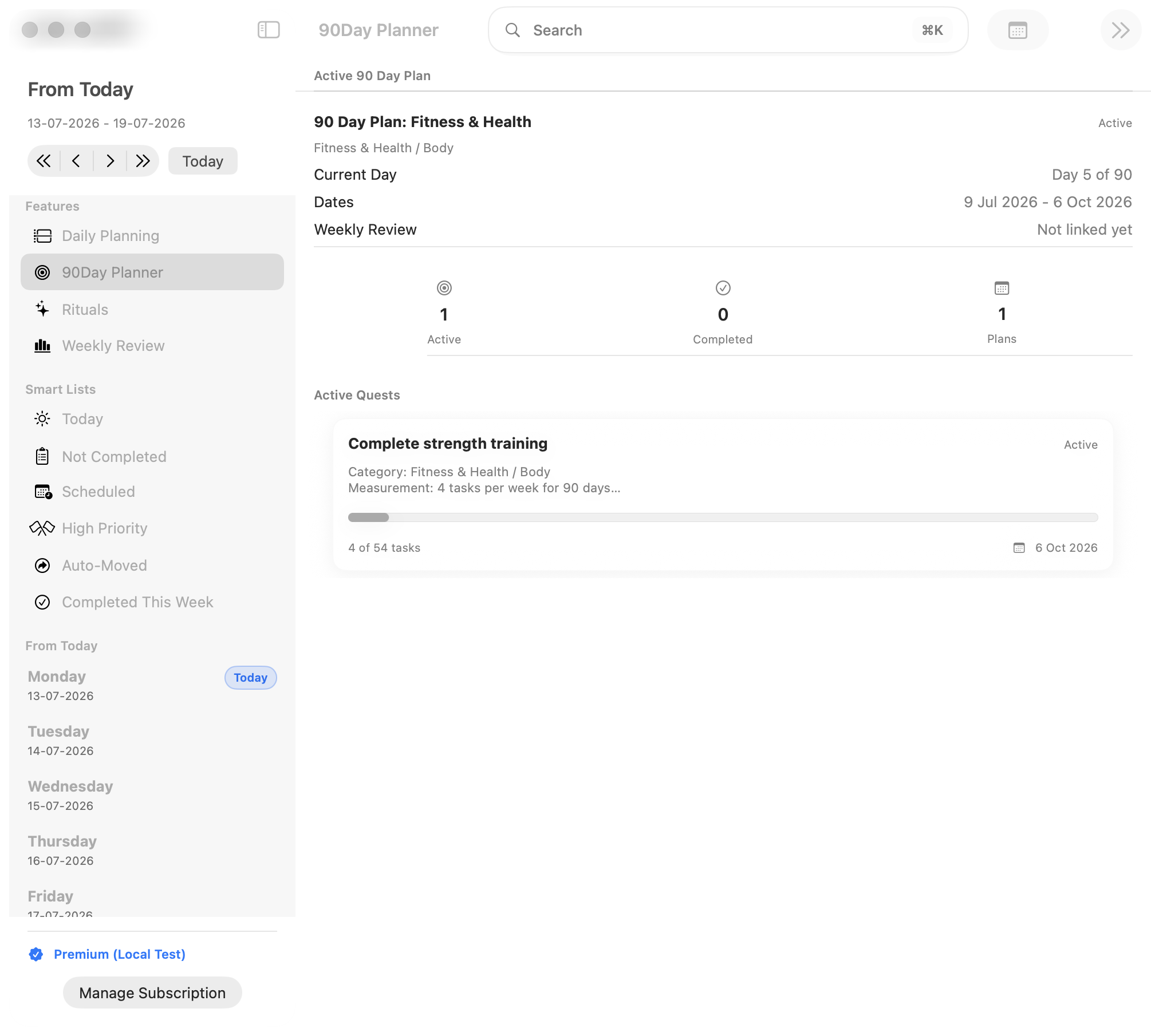 myDailyTasks 90Day Planner running on macOS with an active plan and quest progress.