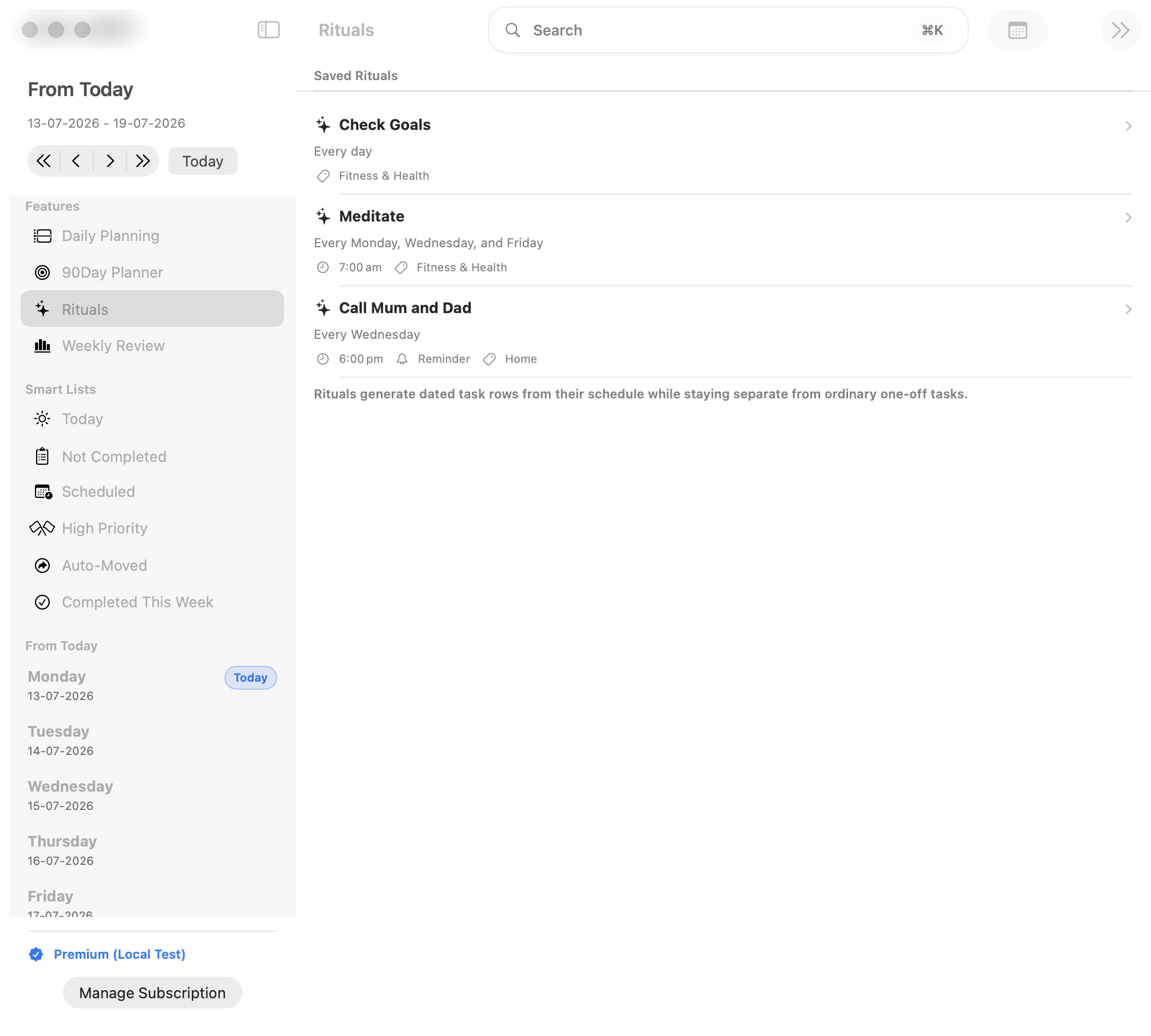 myDailyTasks Rituals running on macOS with saved daily and weekly routines.