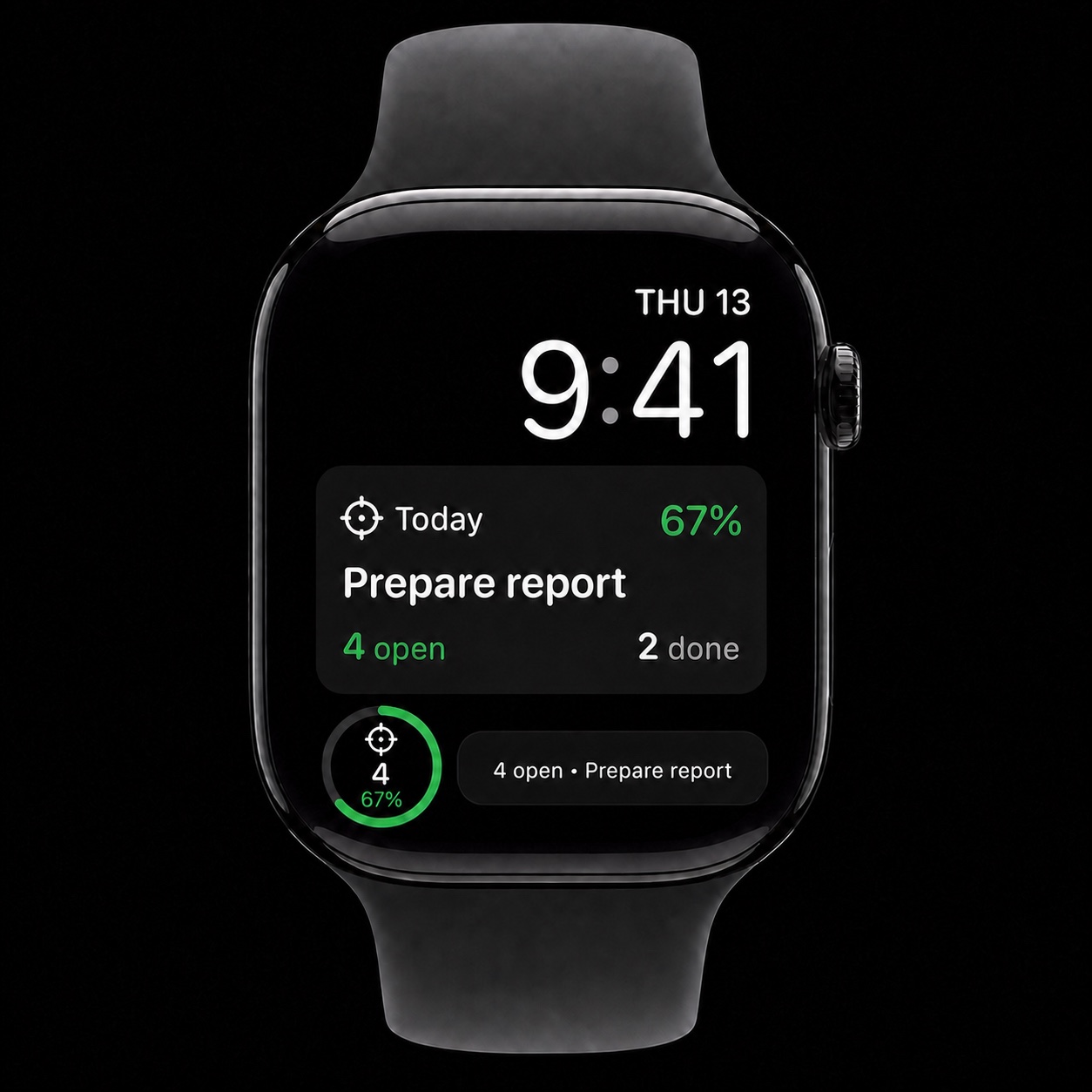 Apple Watch face showing the myDailyTasks Today complication, current focus task, and progress.
